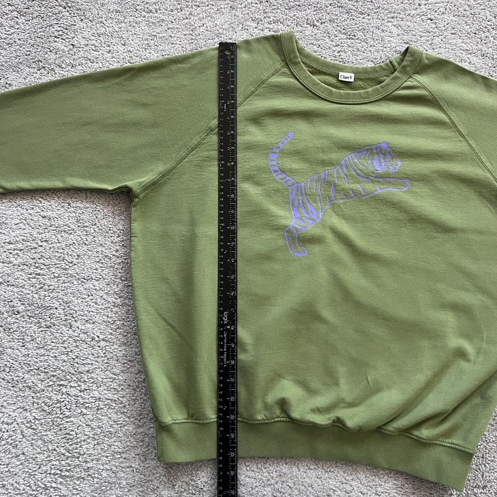 Clare V Tiger Graphic Sweatshirt Womens XL Green Terry Raglan Crewneck Pullover - Picture 12 of 15